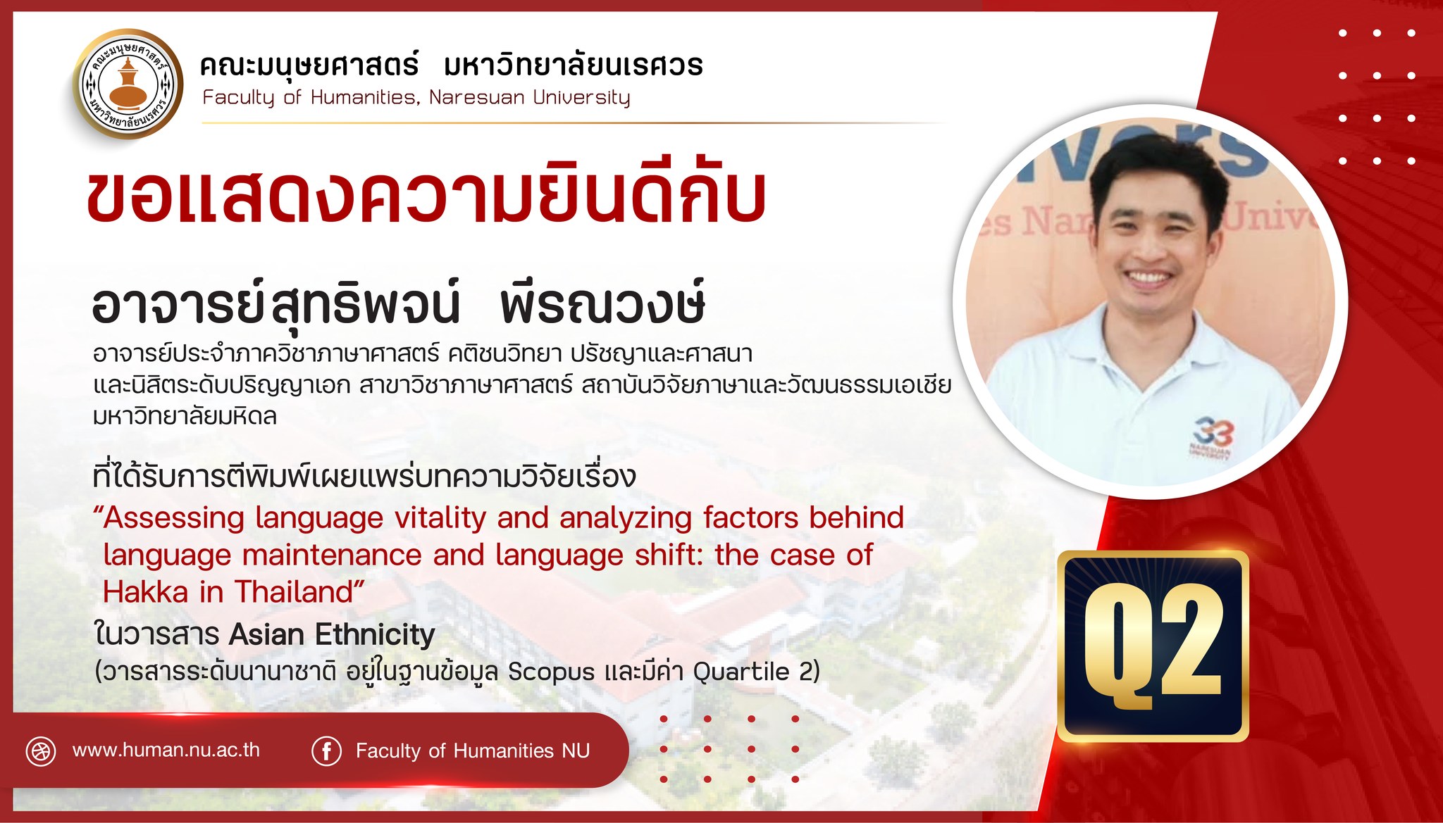 ขอแสดงความยินดีกับ อาจารย์สุทธิพจน์ พีรณวงษ์ อาจารย์ประจำภาควิชาภาษาศาสตร์ คติชนวิทยา ปรัชญาและศาสนา วารสารระดับนานาชาติอยู่ในฐานข้อมูล Scopus Q2
