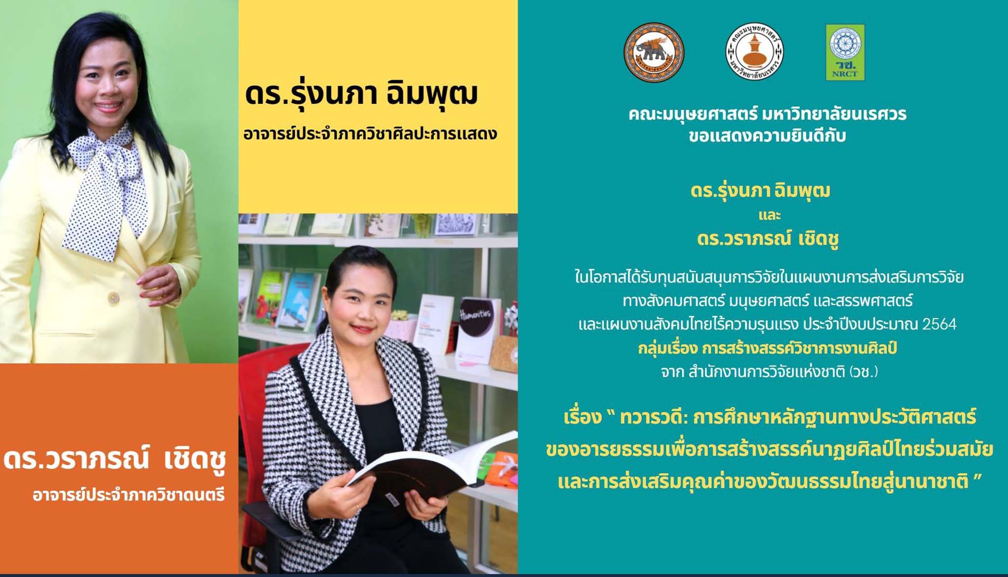 ขอแสดงความยินดีกับ ดร.รุ่งนภา ฉิมพุฒ 2. ผู้ช่วยศาสตราจารย์ ดร.วราภรณ์ เชิดชู ที่ได้รับ “รางวัลระดับดี” จากการประกาศสำนักงานการวิจัยแห่งชาติ เรื่อง รางวัลการวิจัยแห่งชาติ: รางวัลผลงานวิจัย ประจำปีงบประมาณ ๒๕๖๙