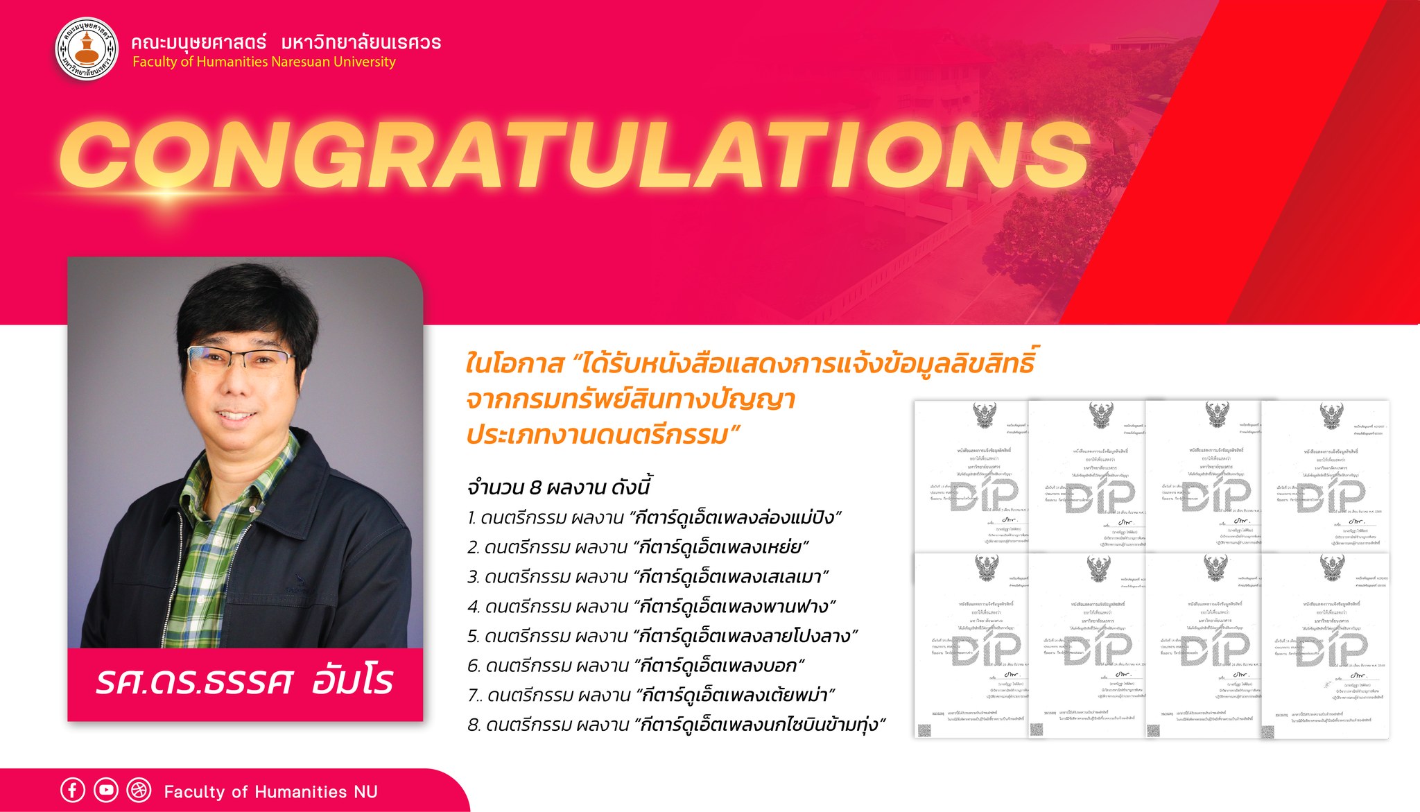 ขอแสดงความยินดีกับ รศ.ดร.ธรรศ อัมโร ในโอกาส “ได้รับหนังสือแสดงการแจ้งข้อมูลลิขสิทธิ์ จากกรมทรัพย์สินทางปัญญา ประเภทงานดนตรีกรรม”