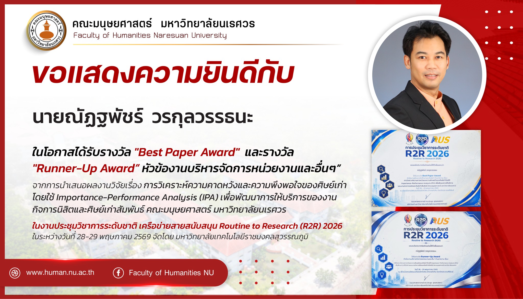 ขอแสดงความยินดีกับ นายณัฏฐพัชร์ วรกุลวรรธนะ ในโอกาสได้รับรางวัล “Best Paper Award” และ “Runner-Up Award” หัวข้องานบริหารจัดการหน่วยงานและอื่นๆ