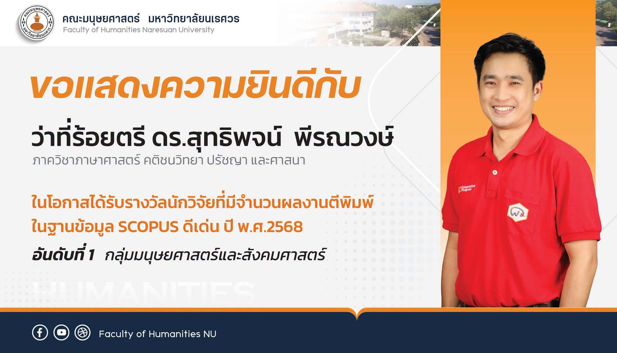 ขอแสดงความยินดีกับ ว่าที่ ร.ต.ดร.สุทธิจน์ พีรณวงษ์ ในโอกาสได้รับรางวัลนักวิจัยที่มีจำนวนผลงานตีพิมพ์ในฐานข้อมูล SCOPUS ดีเด่น ปี พ.ศ.2568 อันดับที่ 1 กลุ่มมนุษยศาสตร์และสังคมศาสตร์