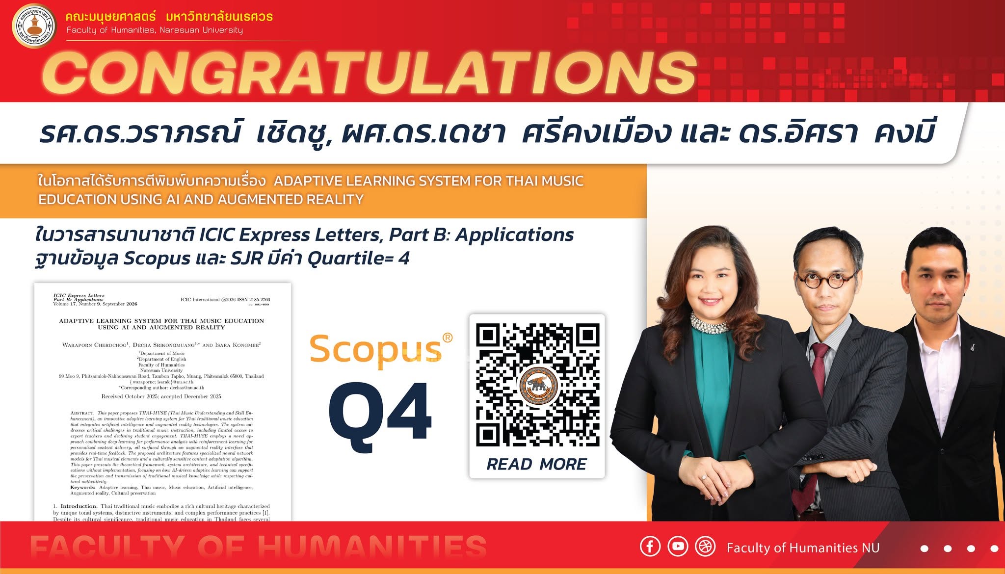 ขอแสดงความยินดีกับ รศ.ดร.วราภรณ์ เชิดชู, ผศ.ดร.เดชา ศรีคงเมือง และ ดร.อิศรา คงมี ได้รับการตีพิมพ์ในวารสารระดับนานาชาติอยู่ในฐานข้อมูล Scopus Q4
